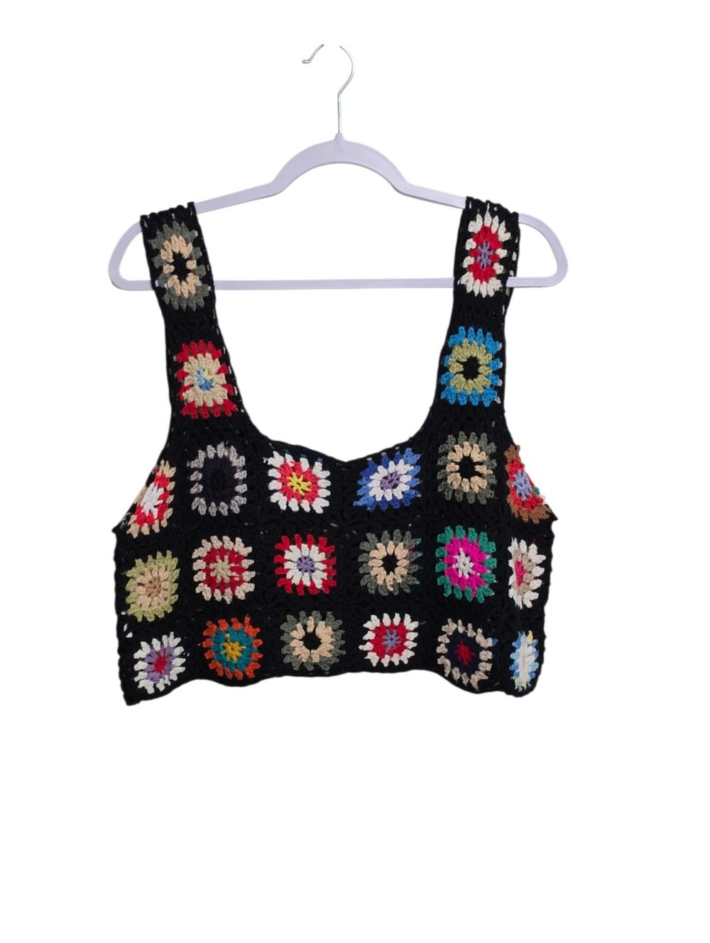 Black Crochet Multicolor Granny-Square Crop Top